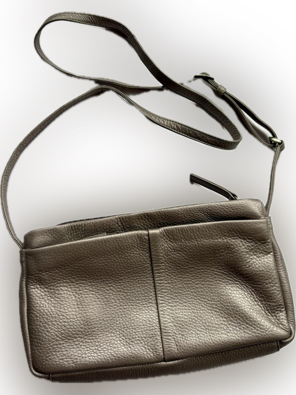 Pebbled Leather Derek Alexander Crossbody Bag in Pewter